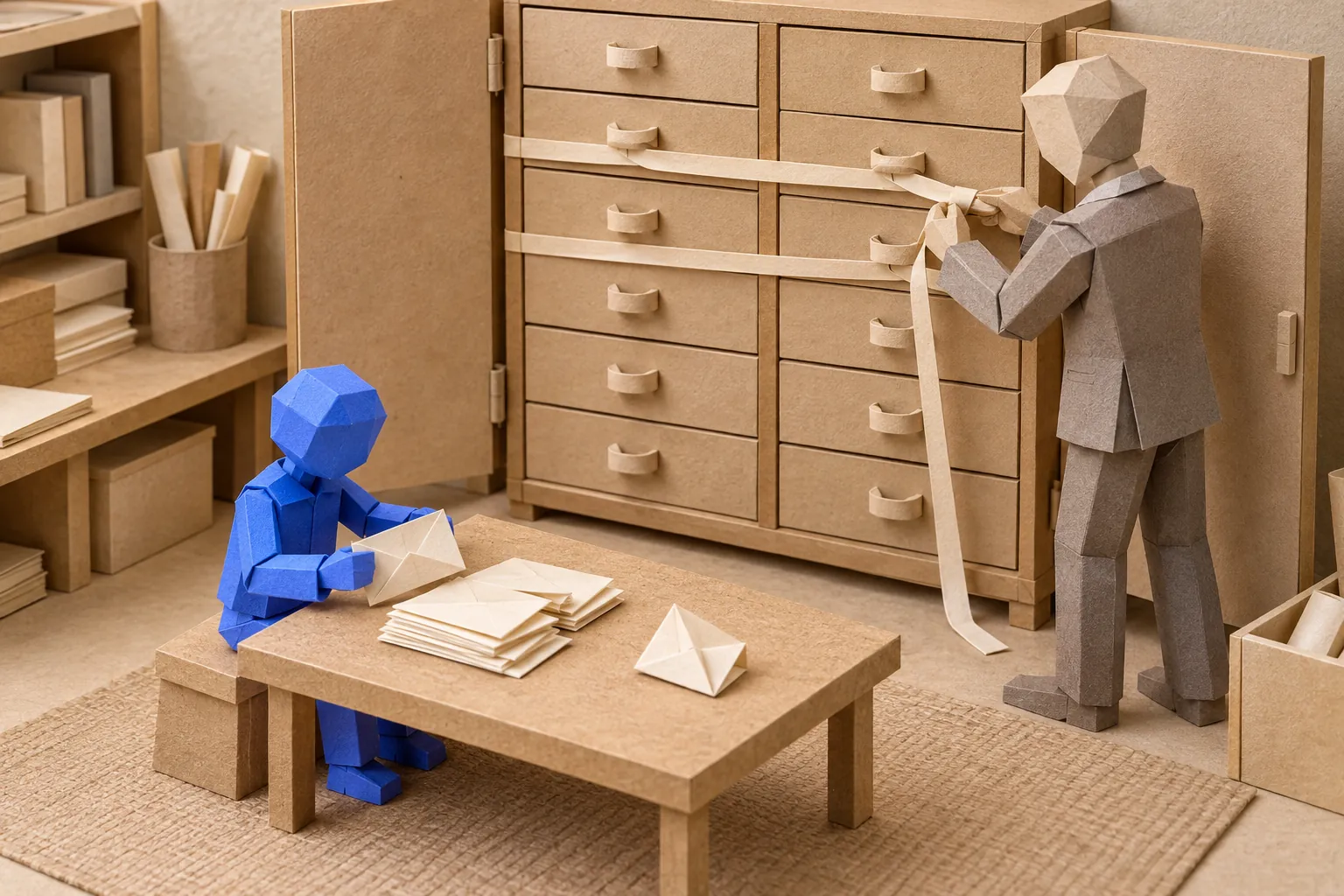 Illustration: paper illustration of a helper sorting letters while a person ties a cabinet's drawers shut with ribbon.
