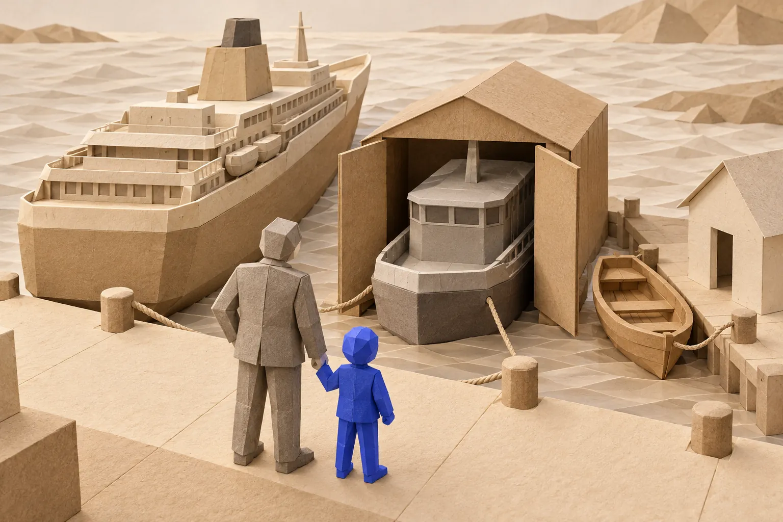 Illustration: paper illustration of a person and a small blue helper on a quay, looking at three different boats.