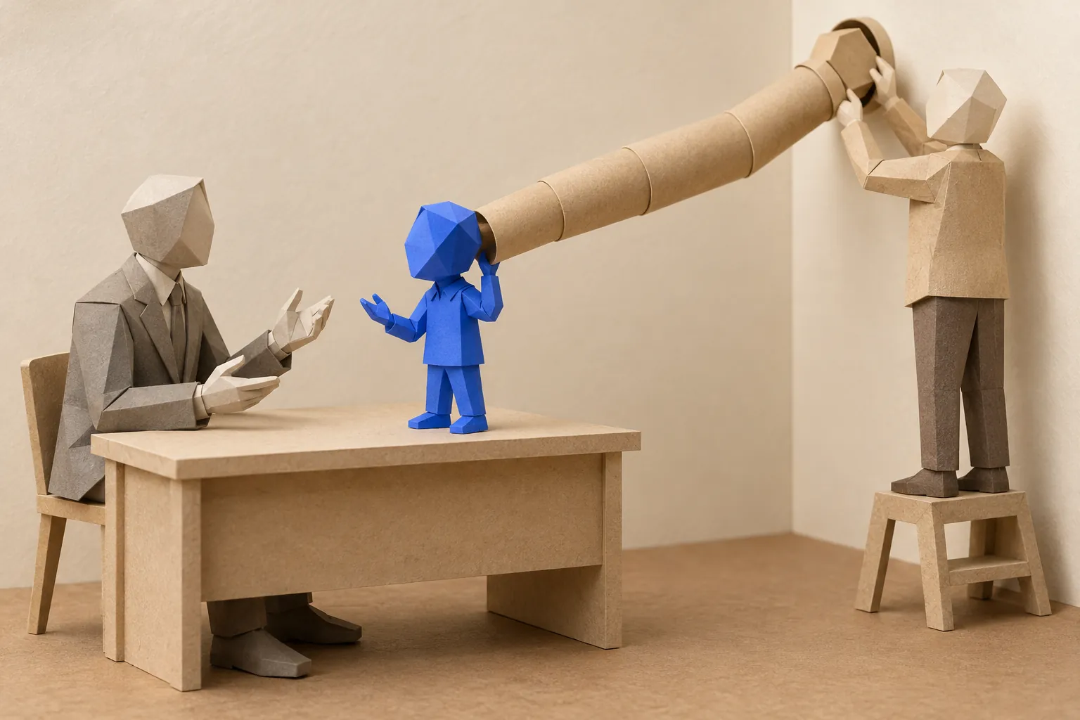 Illustration: paper illustration of a person closing a speaking tube that runs from a helper's desk out through the wall.