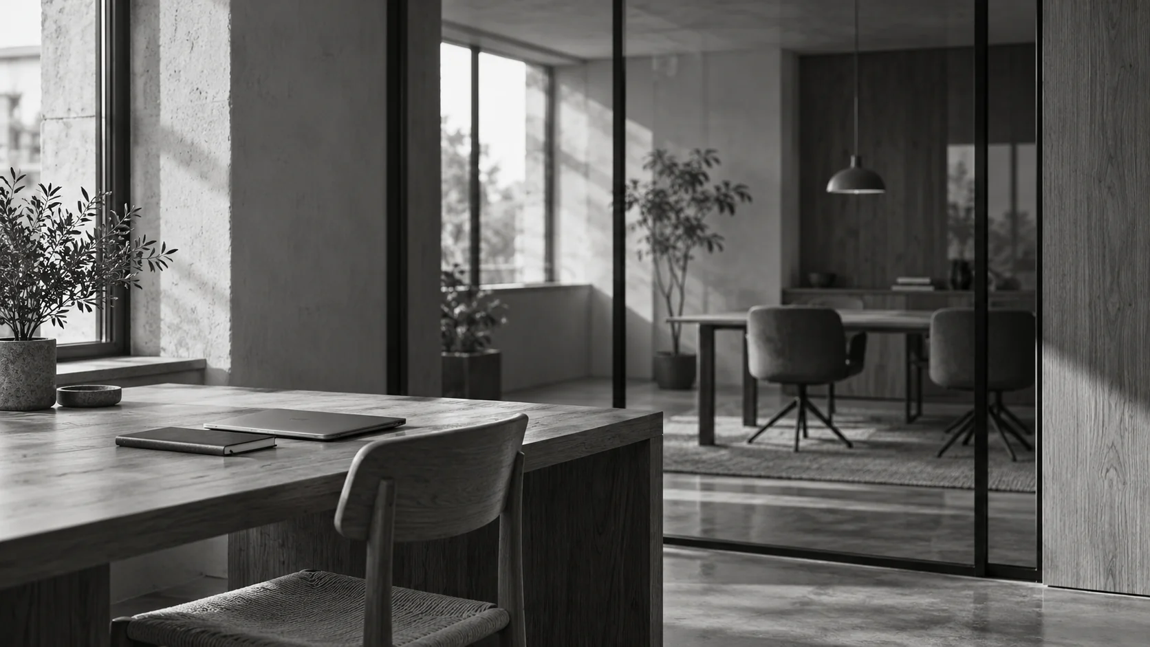 Illustration: monochrome illustration of an individual desk with a shared office visible through a glass partition