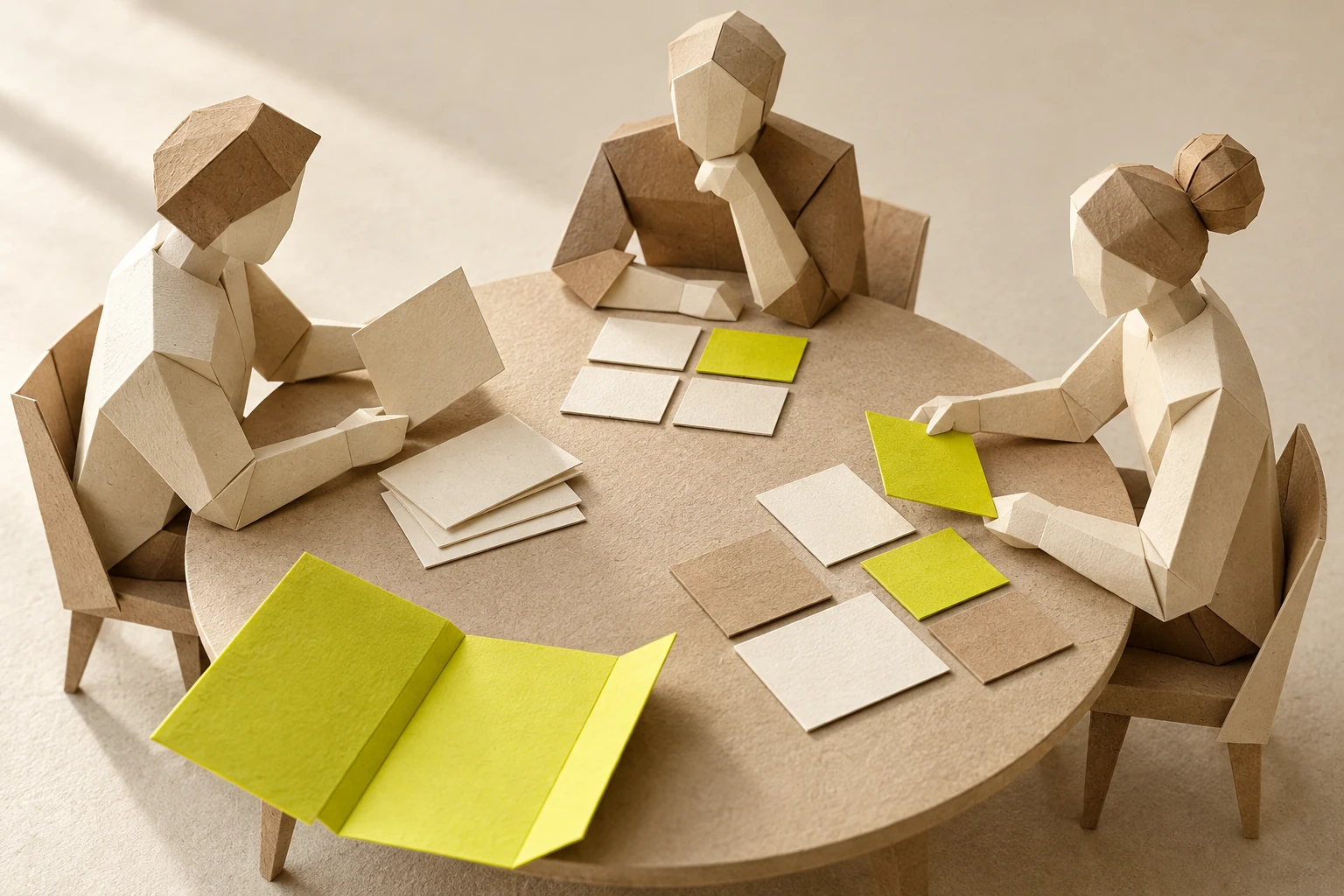 Illustration: three faceless folded-paper figures sit around a table with blank cards and an open paper folder.