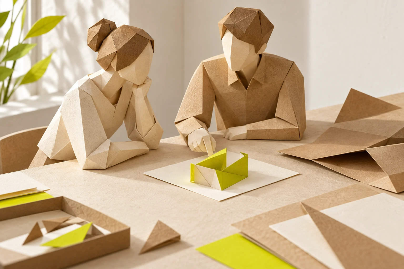 Illustration: two faceless folded-paper figures examine a small paper construction on a blank card.