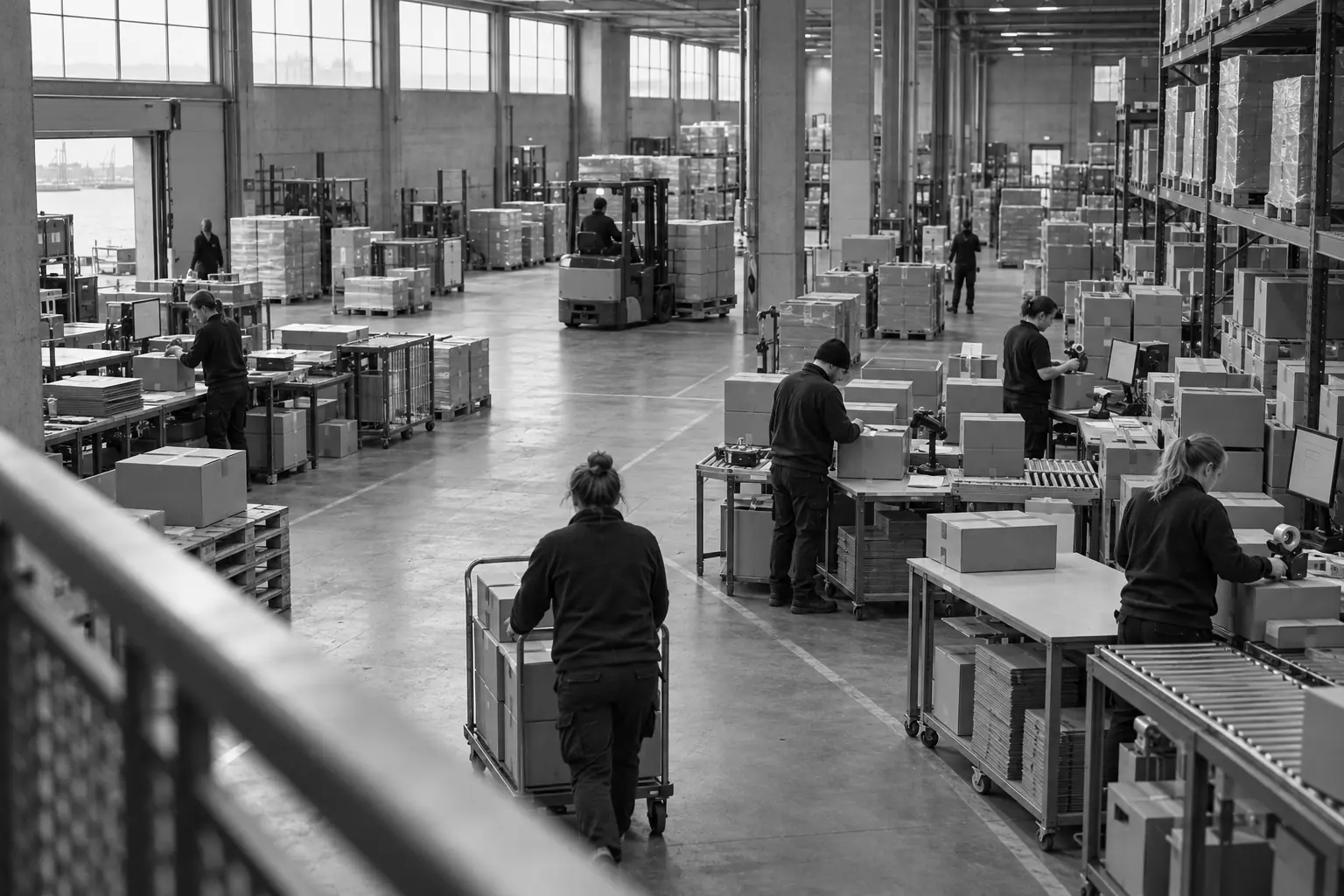 Illustration: a busy logistics hall seen from a mezzanine: people pack and scan parcels at their stations, a forklift moves a pallet and a worker pushes a trolley