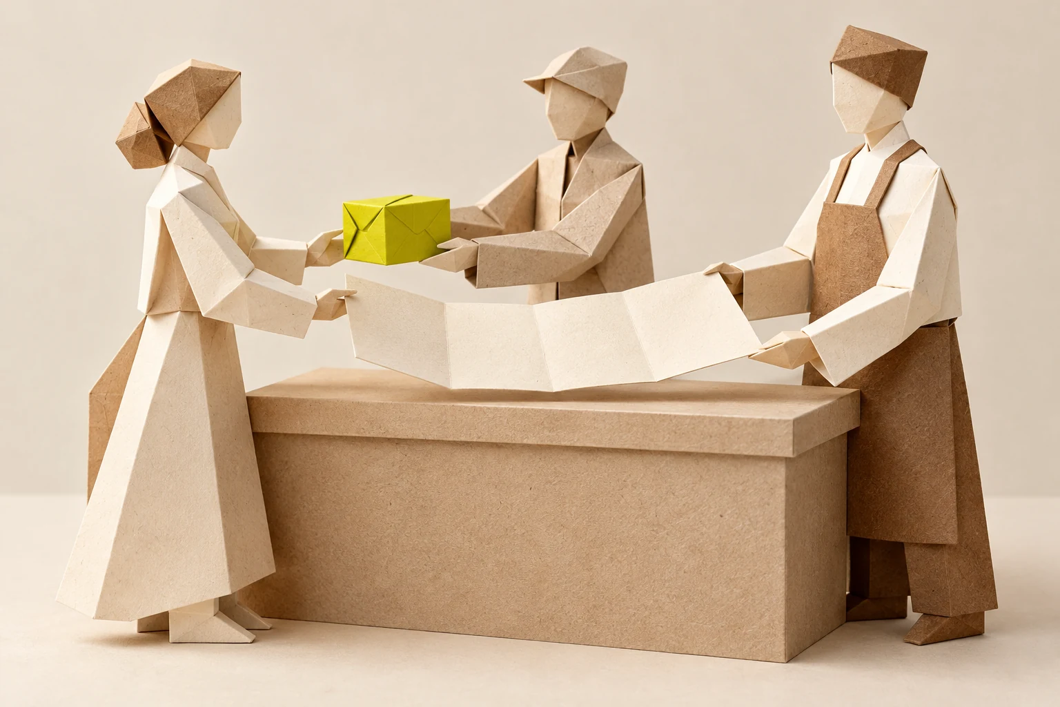 Illustration: a paper intermediary passes a chartreuse parcel while the buyer and vendor hold an agreement between them.