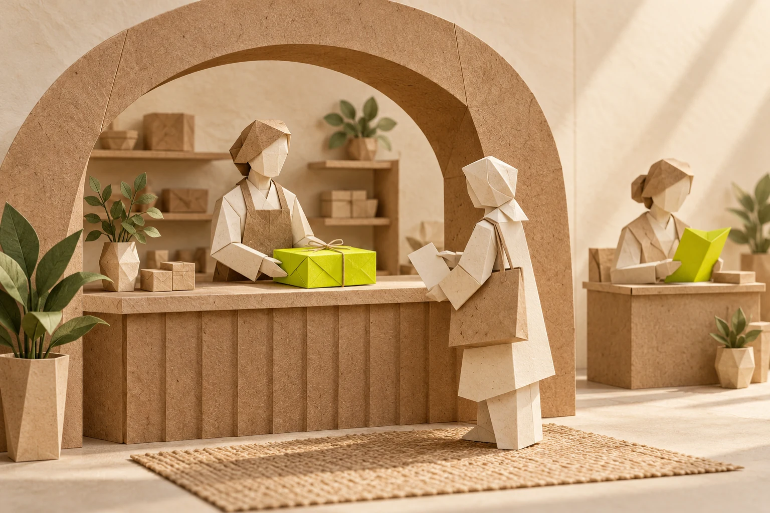 Illustration: paper figures exchange a chartreuse parcel at a market counter while another figure reviews an agreement.
