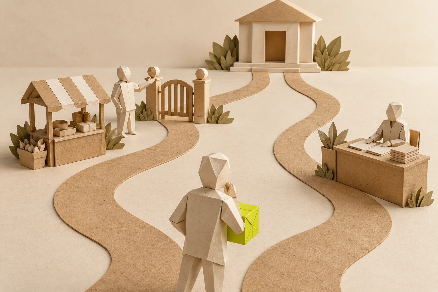Illustration: a paper figure carrying a chartreuse parcel considers two routes to the same building.