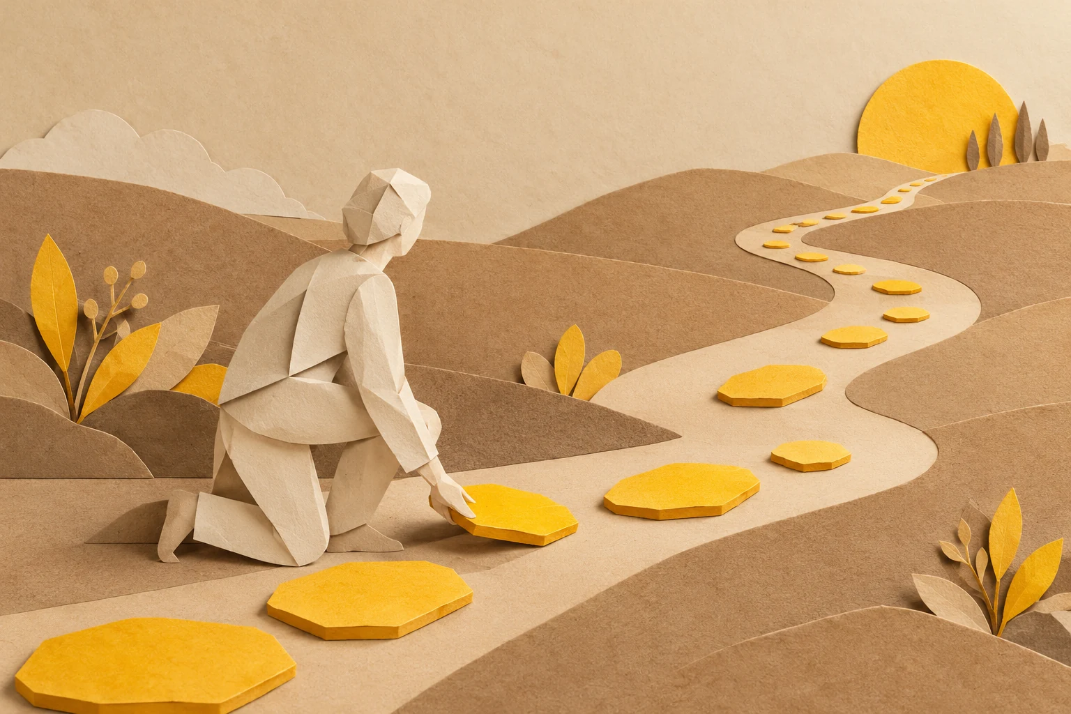 Illustration: a paper figure places yellow stepping stones along a winding path.