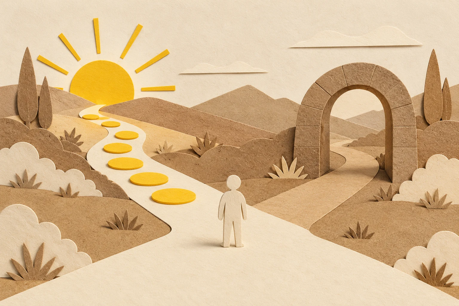 Illustration: a paper figure stands where a stepping-stone path divides from a path through an arch.