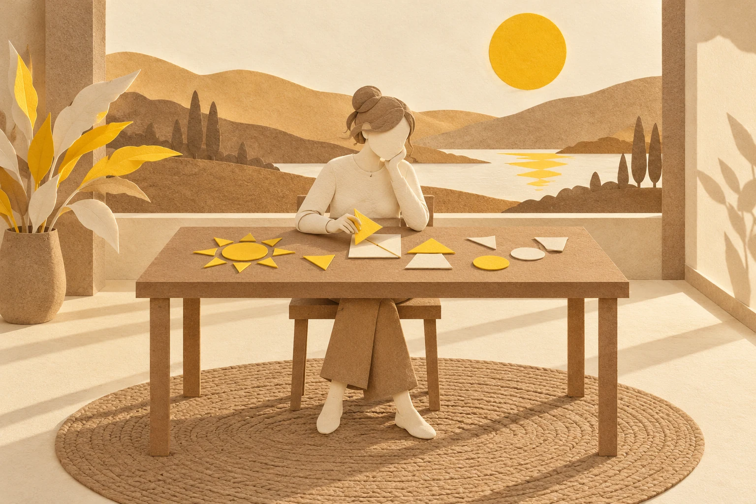 Illustration: a paper figure sits at a table, arranging yellow and kraft paper shapes.