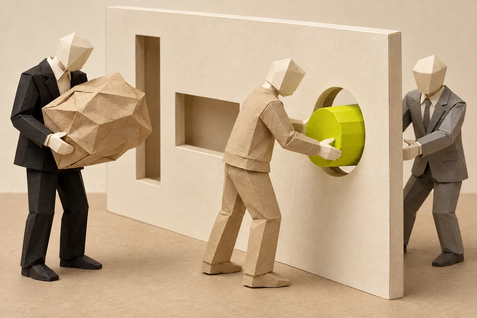 Illustration: paper figures test whether different objects fit an opening.