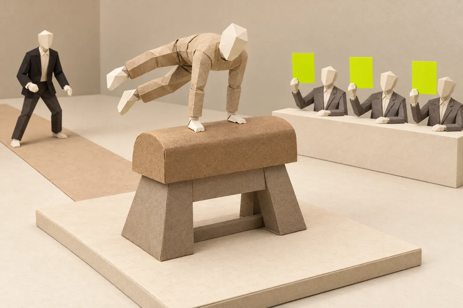 Illustration: a paper gymnast performs a vault in front of a judging panel.