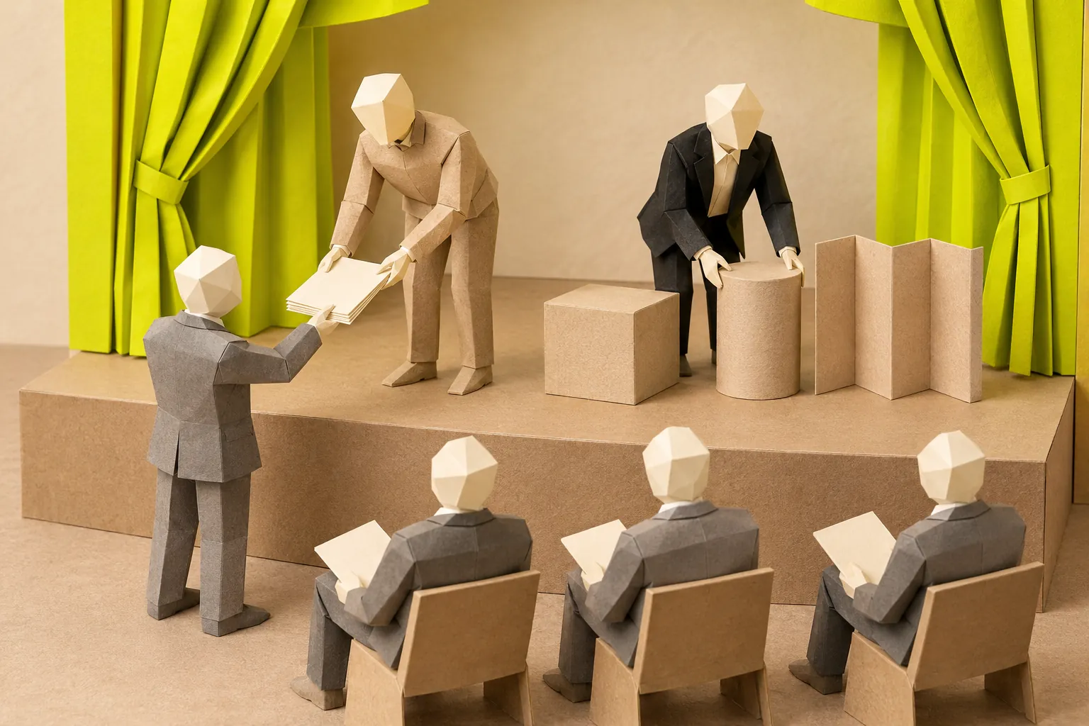 Illustration: paper figures demonstrate a task in front of an evaluation panel.