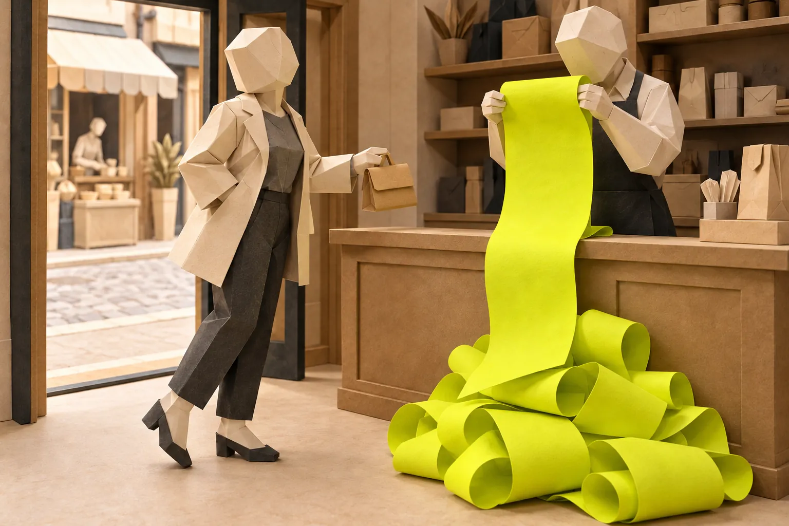 Illustration: a faceless paper customer stands in a paper shop holding out a small kraft bag, while the shopkeeper behind the counter holds up a very long blank chartreuse scroll and reads down it, the rest of it heaped in loose curls on the floor
