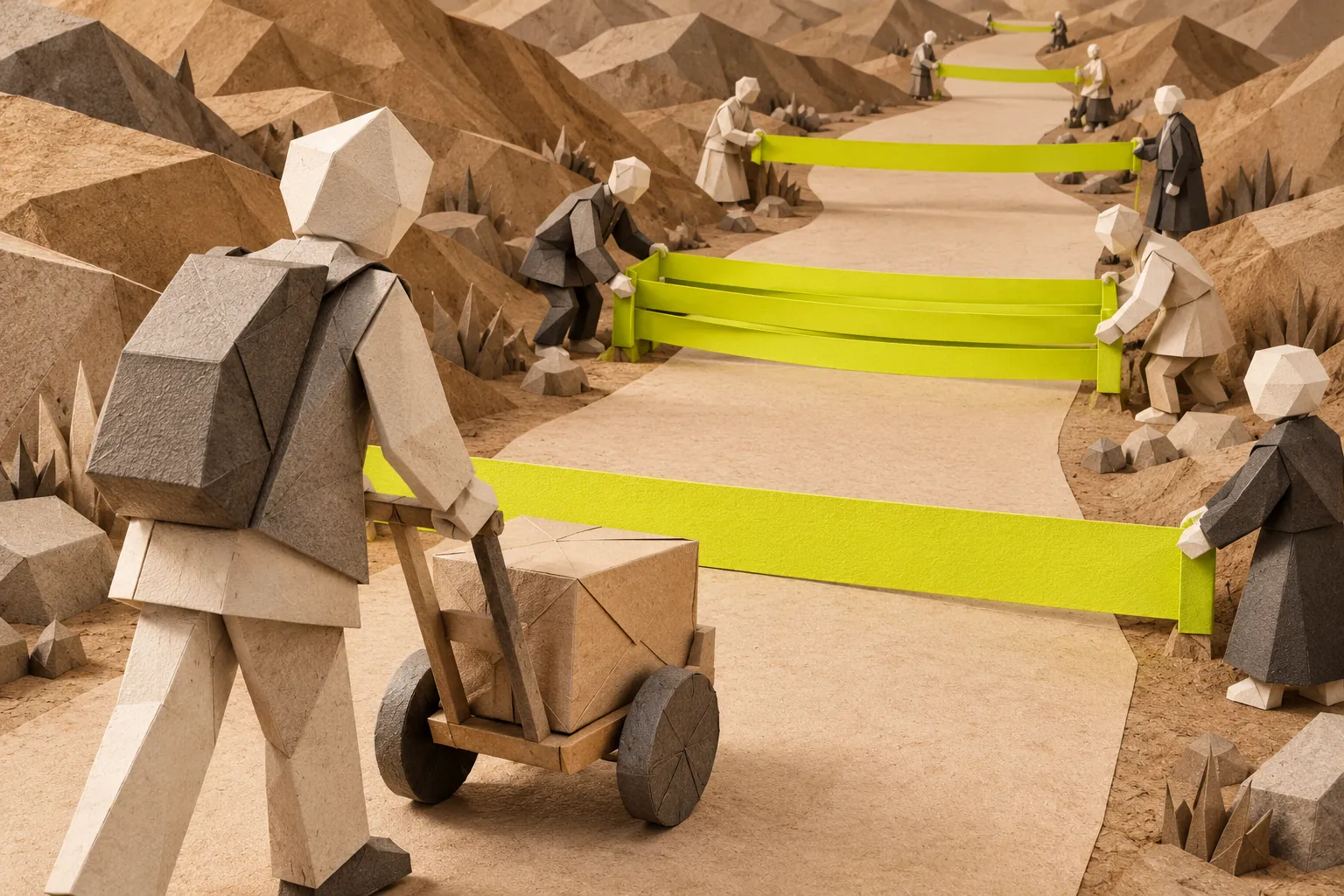 Illustration: a paper traveller pushes a small handcart with one parcel onto a long sand coloured paper road. Faceless paper figures hold wide chartreuse bands across it at different places, three of them almost on top of each other halfway along