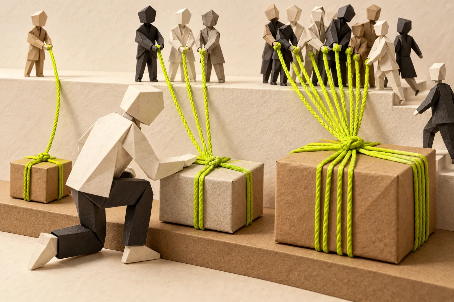 Illustration: a faceless paper figure kneels beside three wrapped parcels on a low shelf. Chartreuse cords run from each parcel up to paper figures on a ledge behind: one cord from the small parcel, three from the middle one and a whole fan from the largest to a crowd