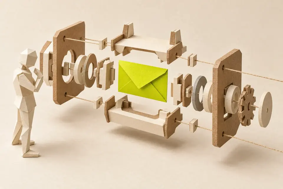 Illustration: a faceless paper figure, one hand raised, studies a paper mechanism pulled apart along two strings: card plates, rings, brackets and a small cog, with a closed chartreuse envelope at its centre
