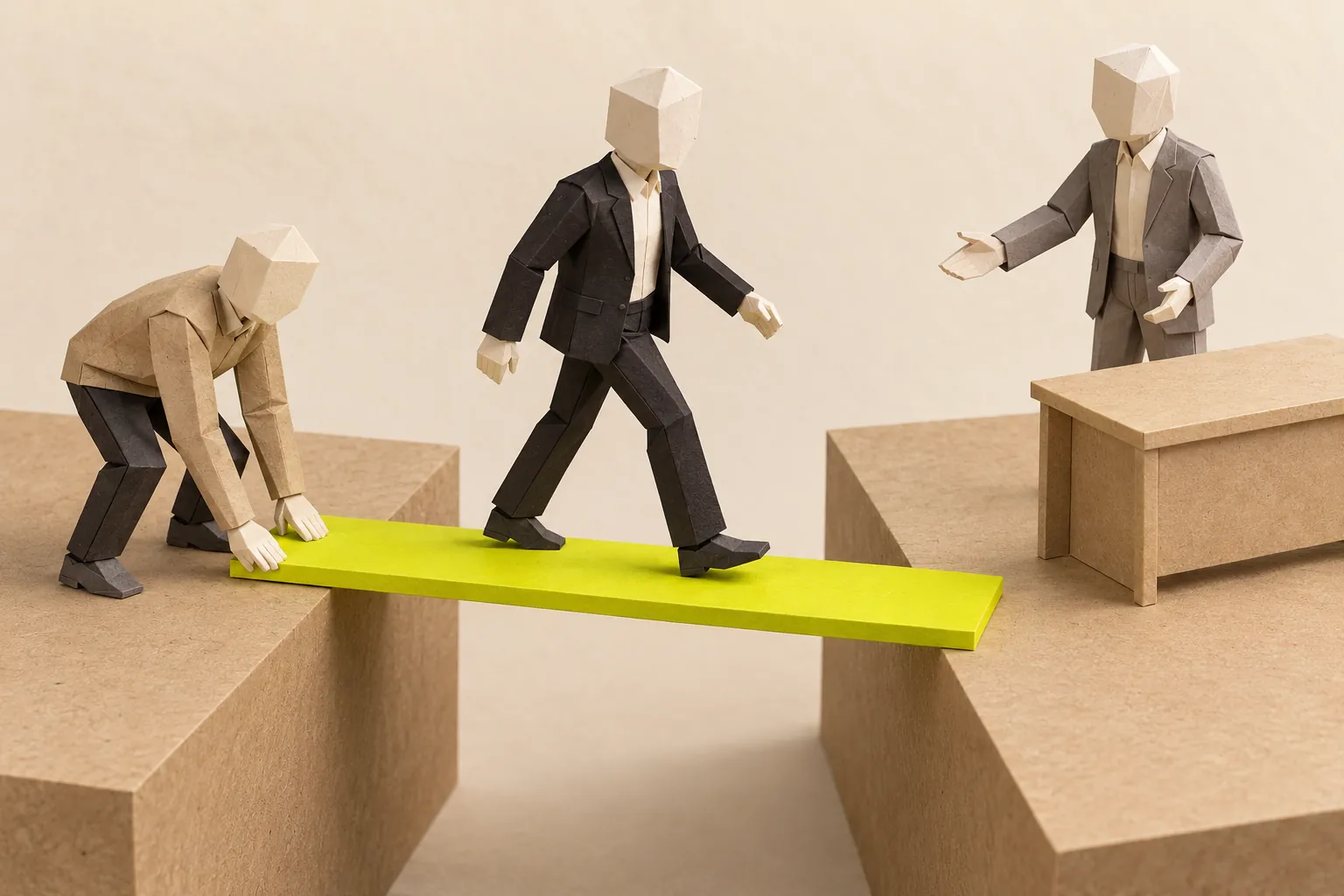 Illustration: a paper figure presses a chartreuse plank across a gap so a visitor can walk over to a figure waiting by a desk.