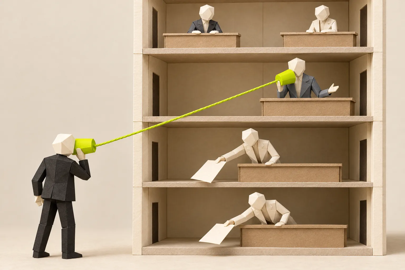 Illustration: a paper figure talks through a chartreuse string telephone to one person on the third floor of an open building, past figures holding out sheets below.