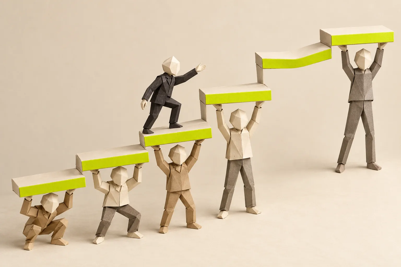 Illustration: paper figures hold up the steps of a staircase from below, and a climber reaches towards the one sagging step with no one holding it.