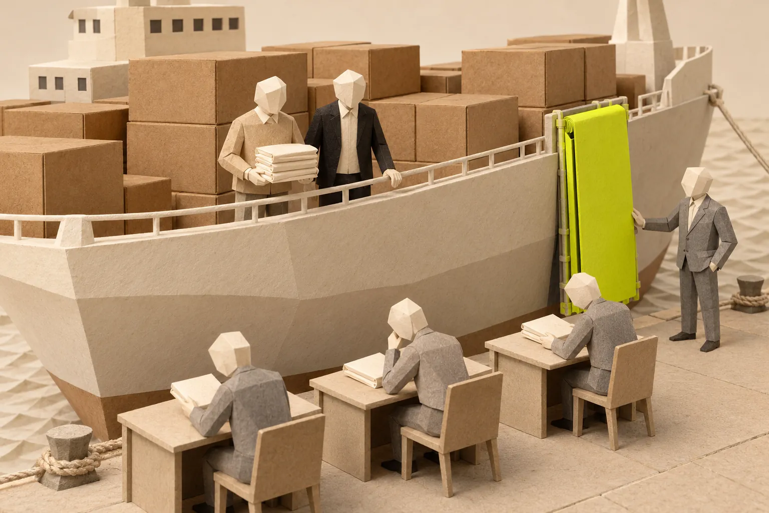 Illustration: paper figures read folded packets at desks on a quay while two figures wait on a ship beside a folded chartreuse gangway.