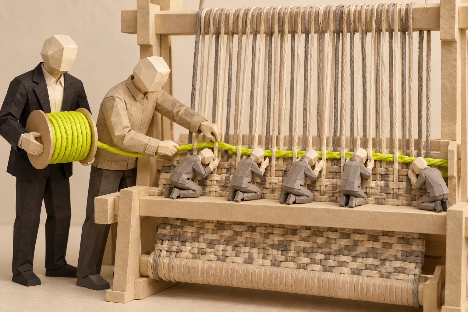 Illustration: two paper figures feed a chartreuse thread through a loom, and small figures kneel to inspect each place it crosses.