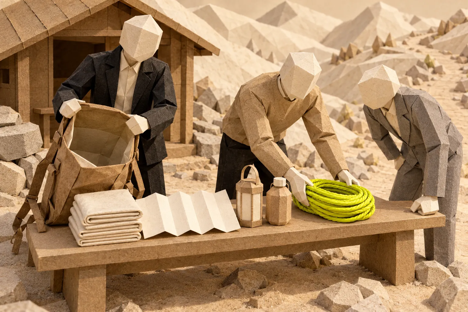 Illustration: two paper figures lay out the contents of a rucksack on a bench by a mountain hut while a third figure checks each item.