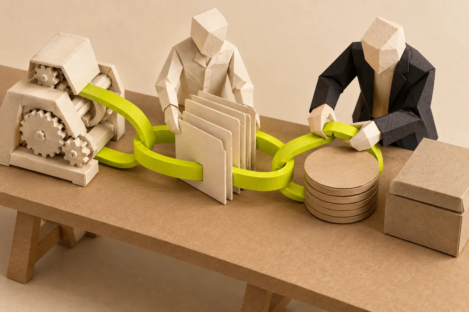 Illustration: three large paper links join a small machine, a row of folders and a stack of plain discs.