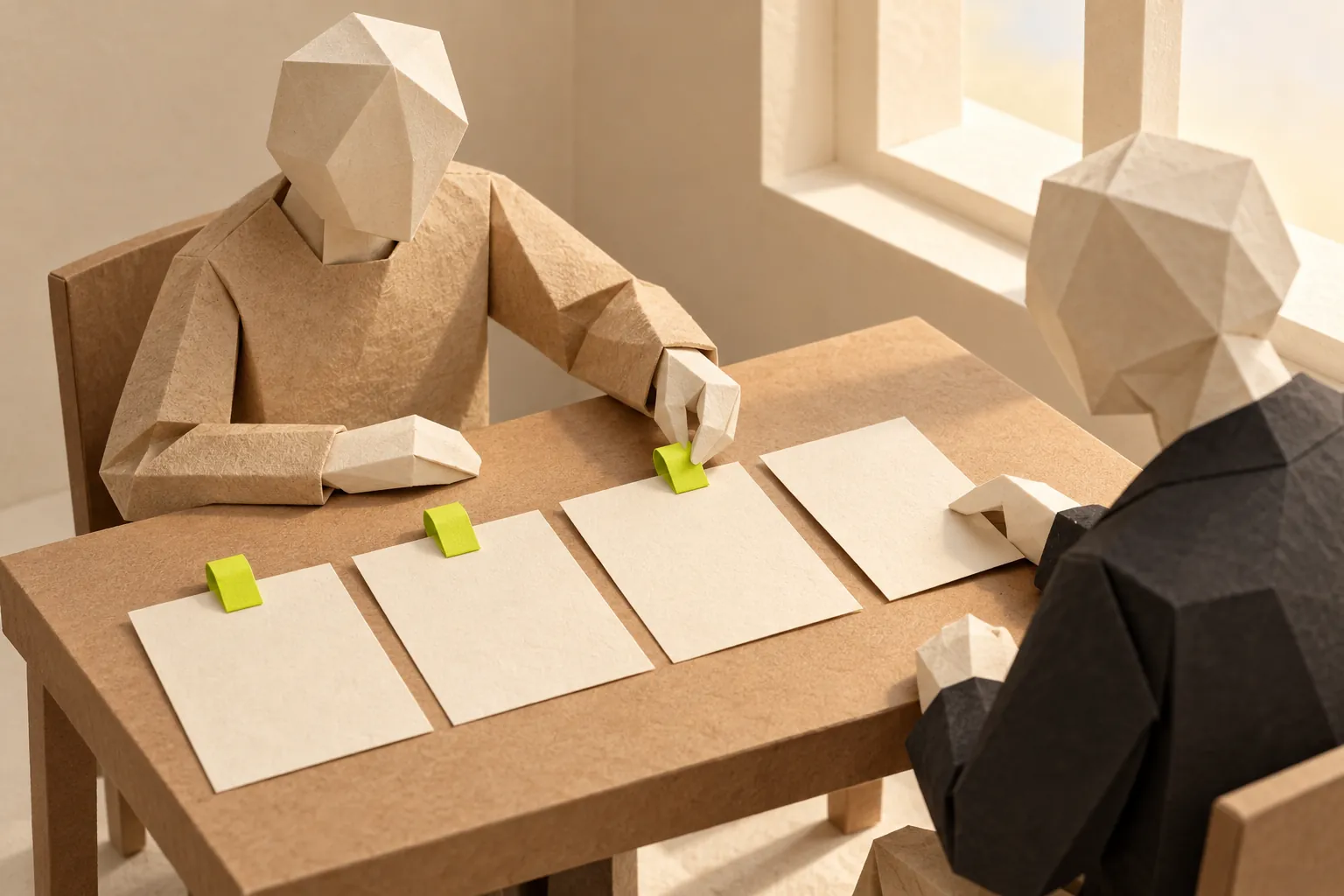 Illustration: a customer clips a paper card while a second figure turns the last bare card towards them.