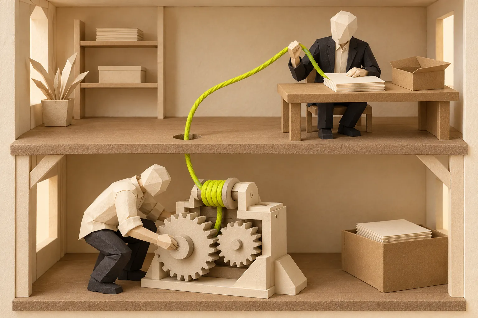 Illustration: a paper thread runs from a machine on the ground floor up to a figure at a desk on the floor above.