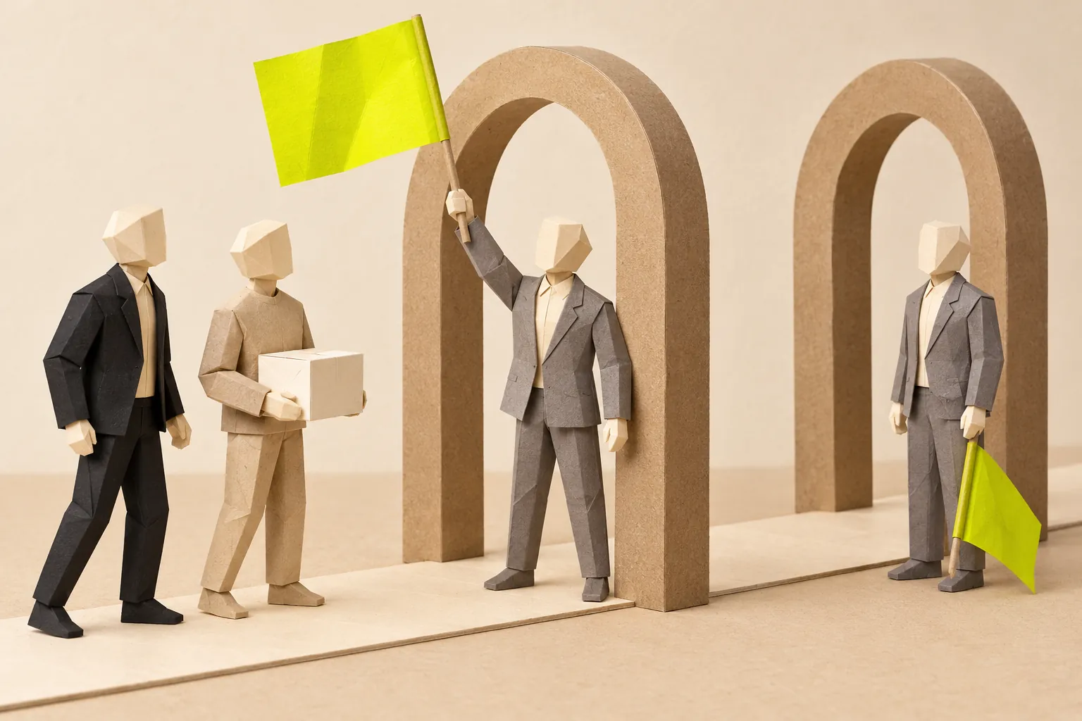 Illustration: a figure in grey raises a chartreuse flag at a paper arch as two figures, one carrying a box, walk up to it.