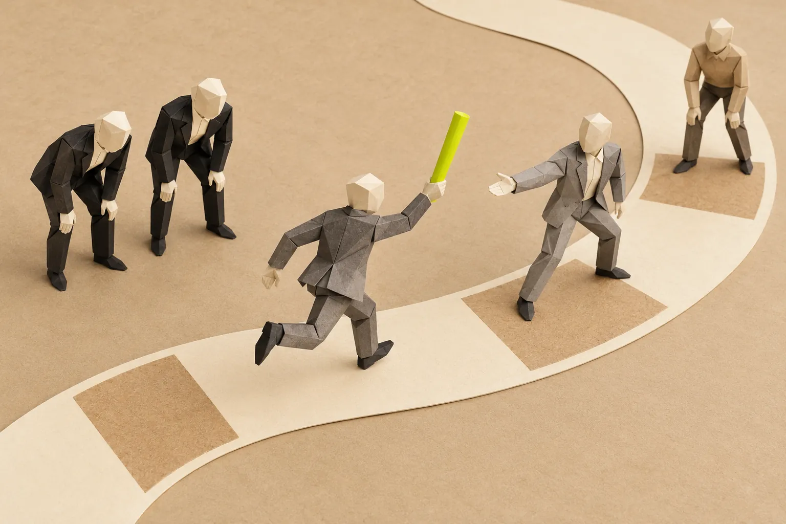 Illustration: paper runners on a curving track: a figure in grey carries a chartreuse baton towards the next runner, who reaches back for it.