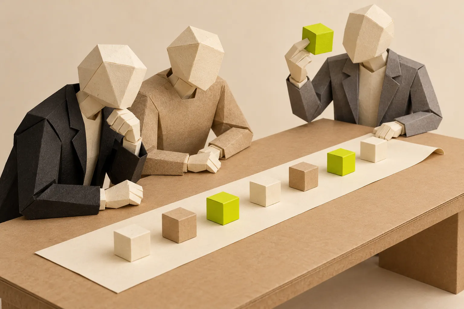 Illustration: three paper figures at a table look along a strip of paper cubes, and one holds up a chartreuse cube.