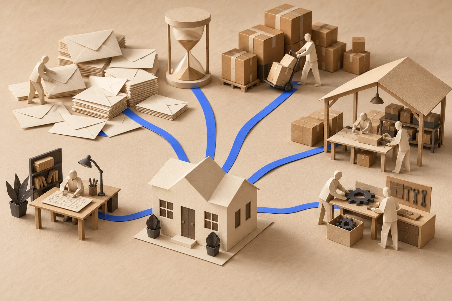 Illustration: a small paper office connects to workshops, parcels, envelopes and a paper hourglass.