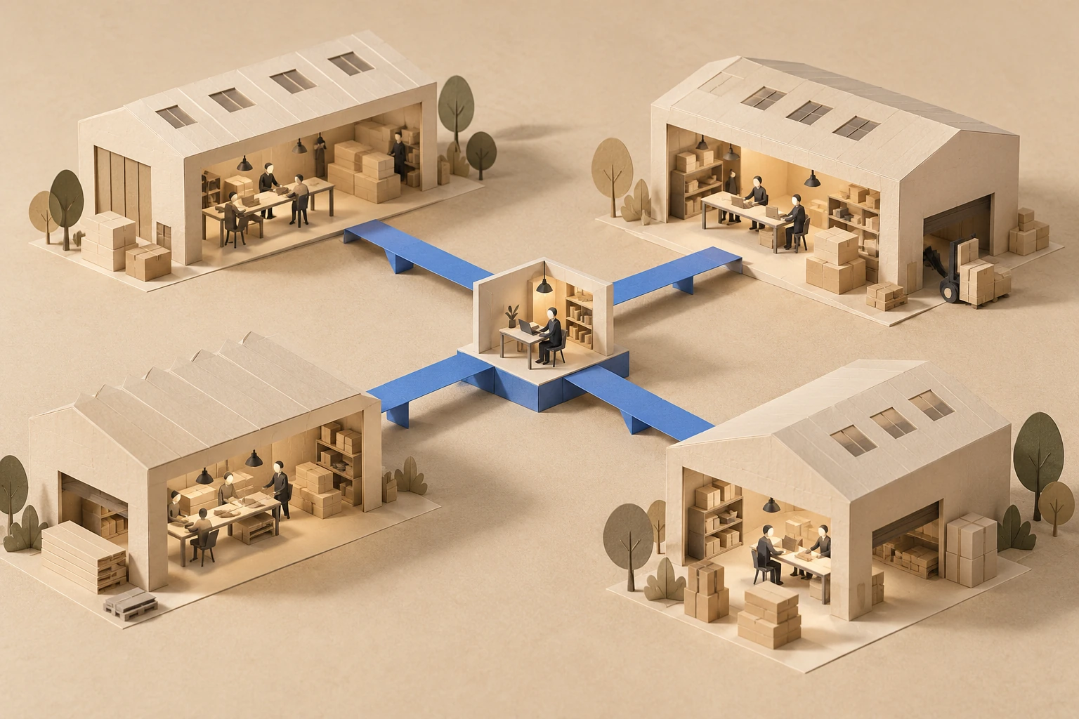 Illustration: a small paper office connects to a network of larger workshops by blue walkways.