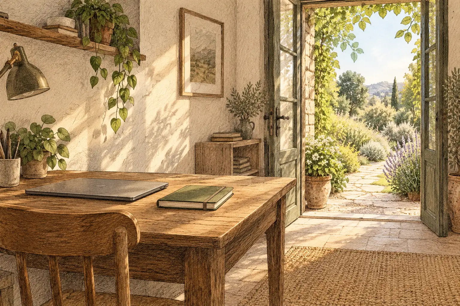 Illustration of a closed laptop and notebook on a desk beside an open doorway to a sunlit garden