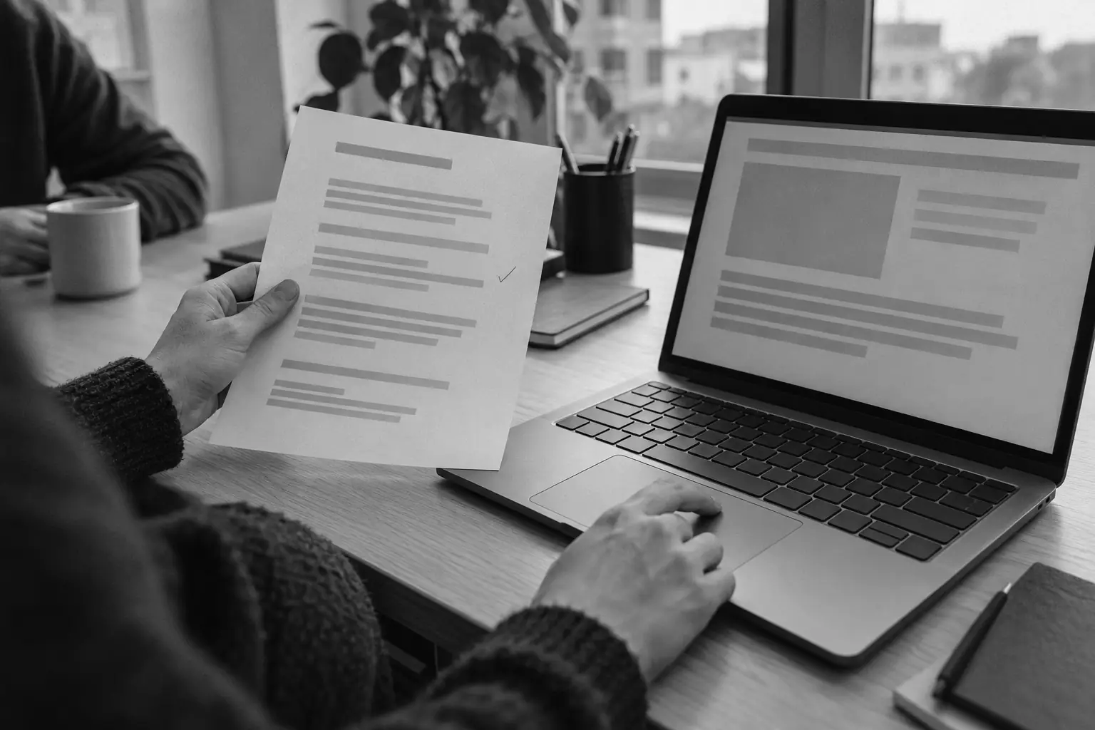 Illustration: hands holding a printed page beside a laptop at an office desk, checking the page against the screen
