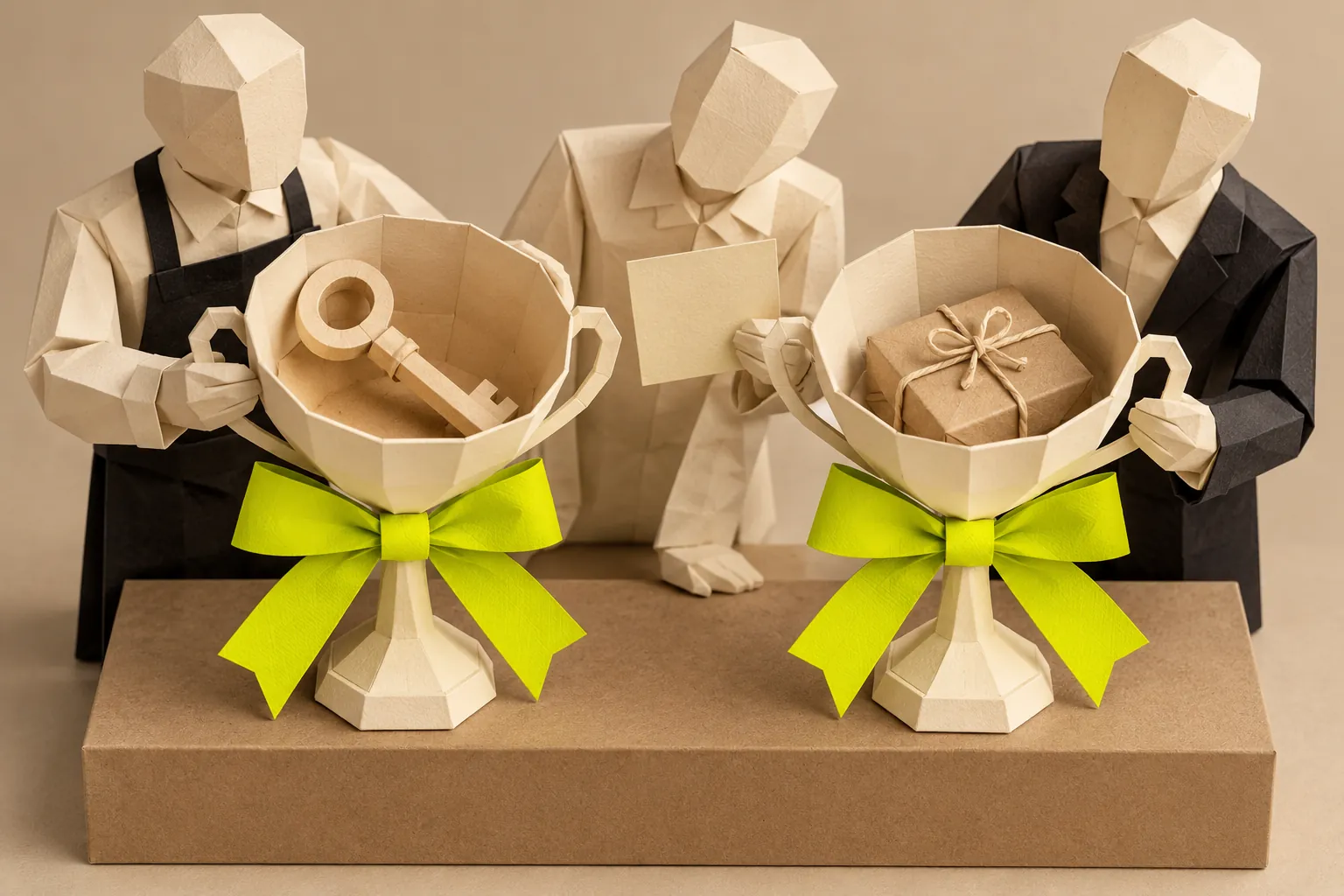 Illustration: two paper trophies hold a key and a parcel as a paper figure compares them.