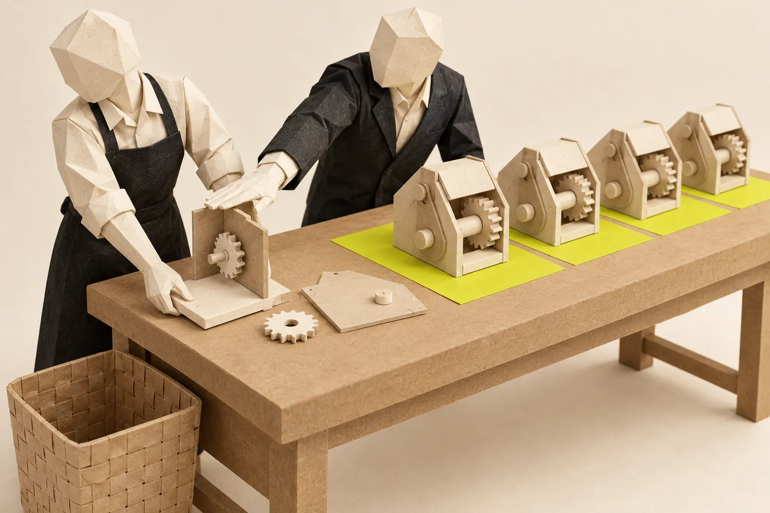 Illustration: one paper figure keeps an unfinished model beside completed models as another tries to remove it.