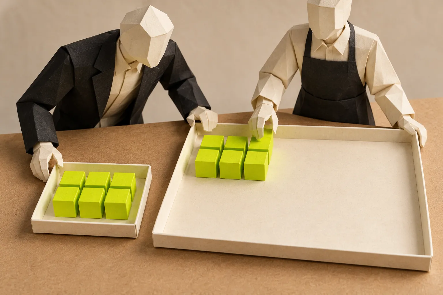 Illustration: the same chartreuse paper cubes occupy different proportions of two trays.