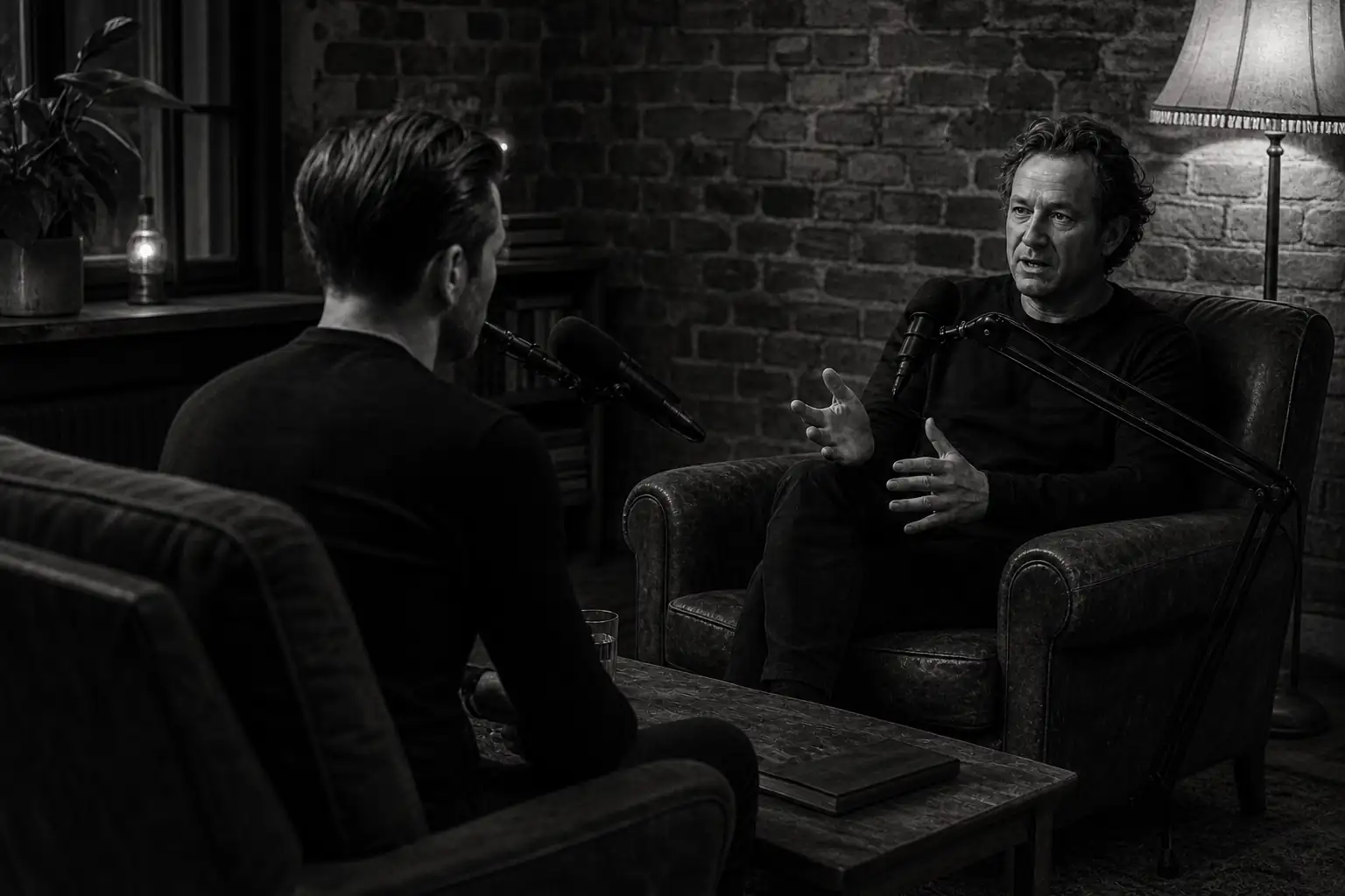 Jacob in a long podcast conversation in a room with exposed brick and armchairs