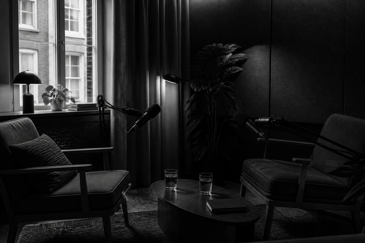 Podcast room with two chairs and microphones