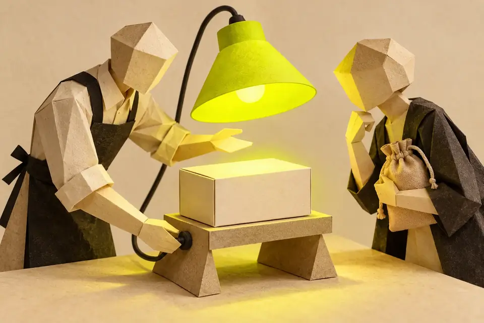 Illustration: two faceless paper figures meet over a closed paper box on a small test bench, lit by a chartreuse lamp; one in an apron reaches out to it, the other holds a small cloth bag and leans in to look