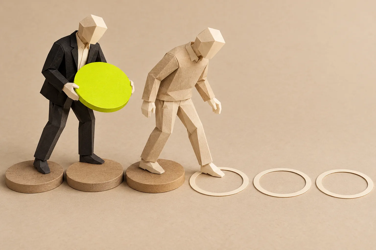 Illustration: a paper figure tests the next step while a colleague holds a solid stepping stone.