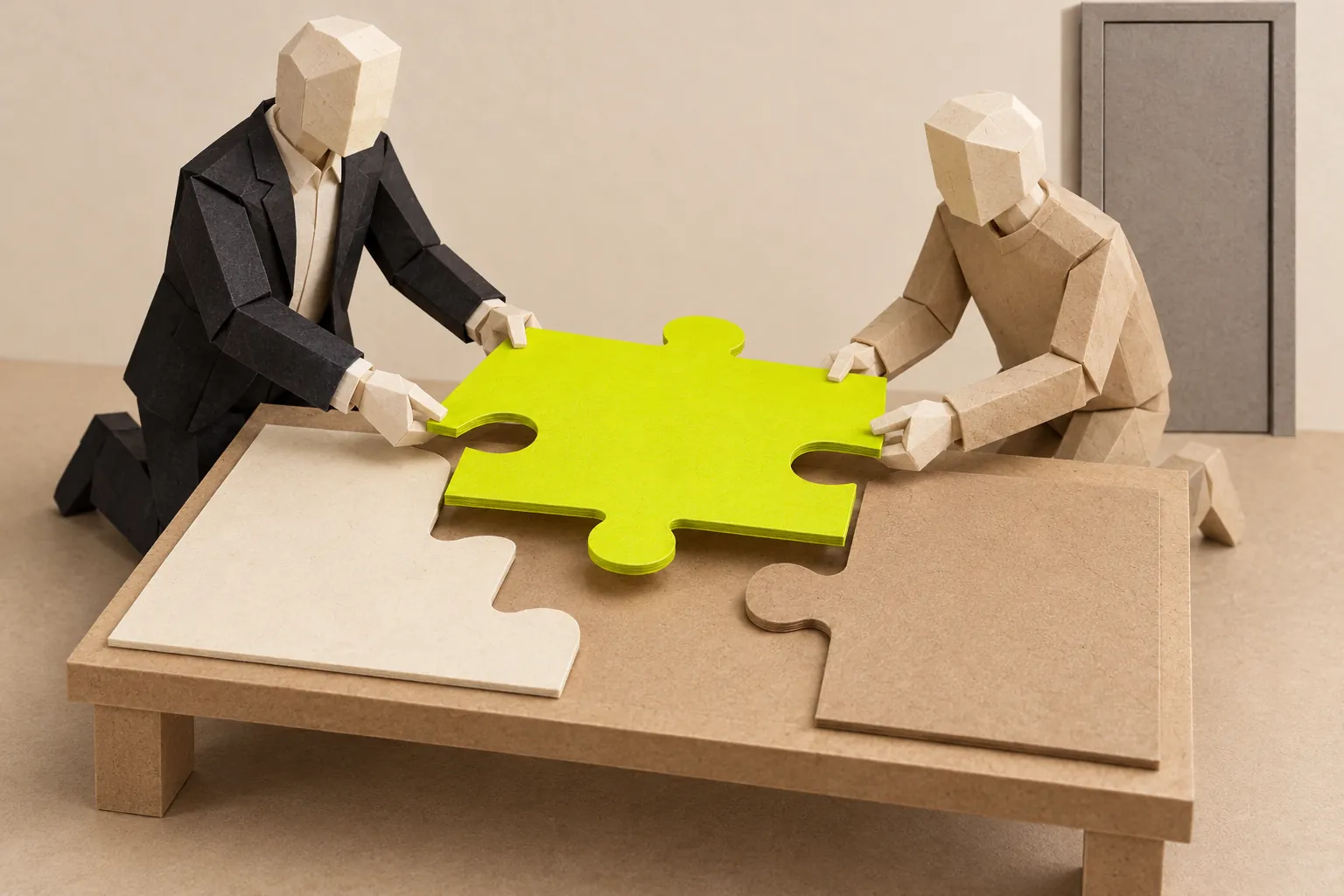 Illustration: two paper figures fit three puzzle pieces together to form a shared plan.