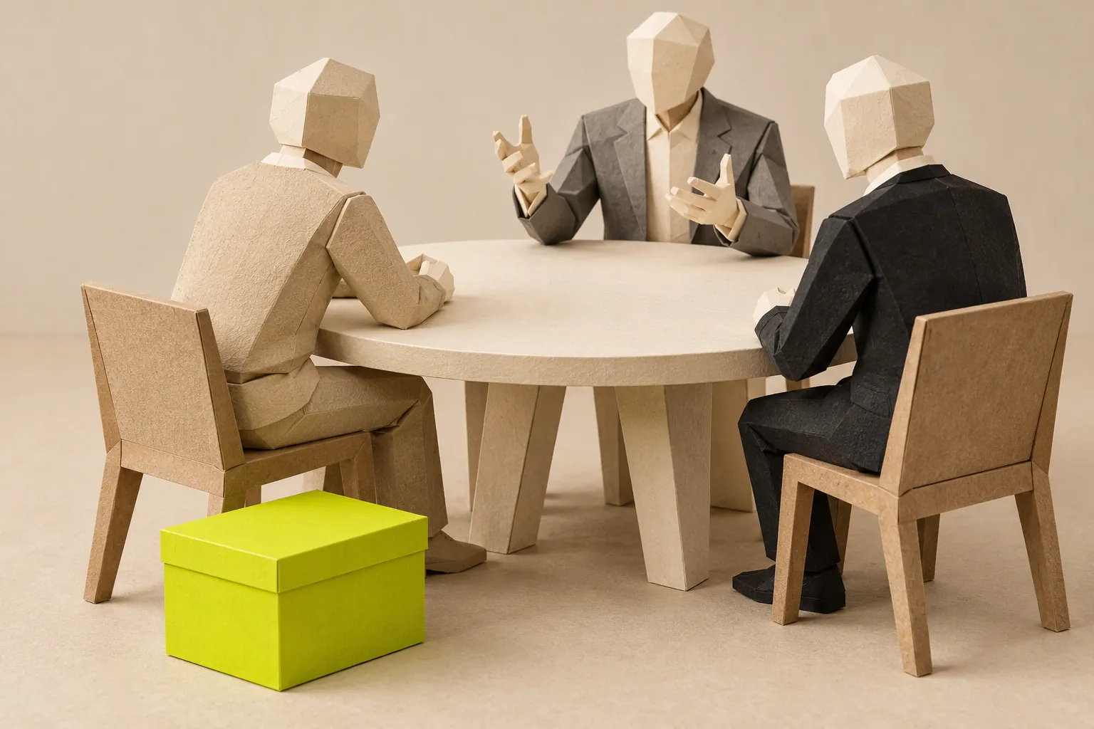 Illustration: two paper figures listen to a third while a box stays closed beside them.