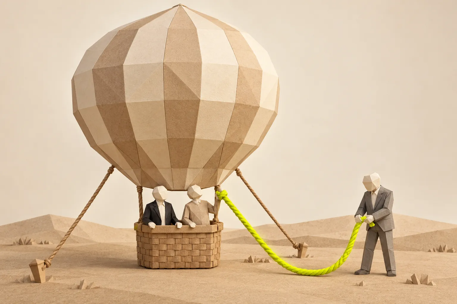 Illustration: two paper figures stand in a tethered paper balloon; a third holds the green rope that releases it.