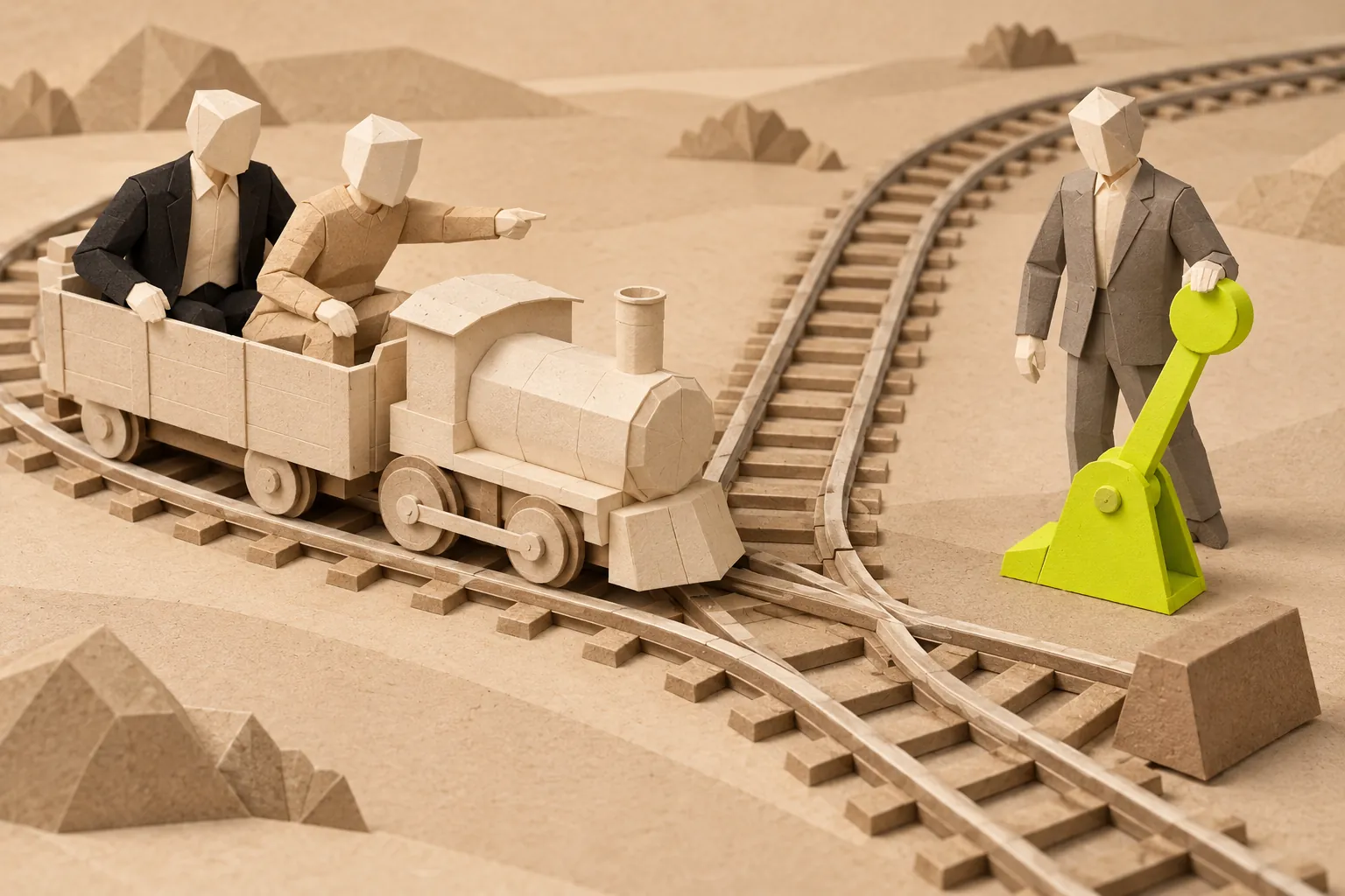 Illustration: paper figures ride a toy train toward a split in the track; another rests a hand on a green lever.