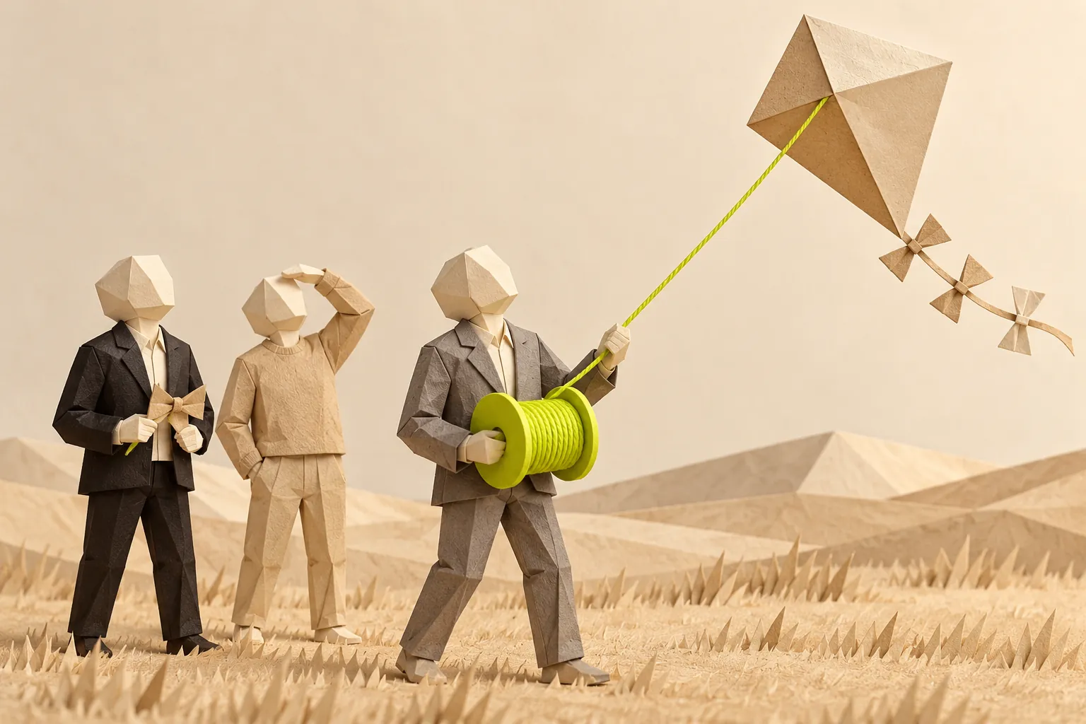 Illustration: a paper figure flies a paper kite on a green string across a field while two others watch.
