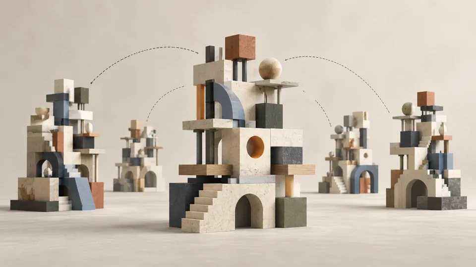 Illustration: conceptual illustration of a modular structure reproduced into several related structures