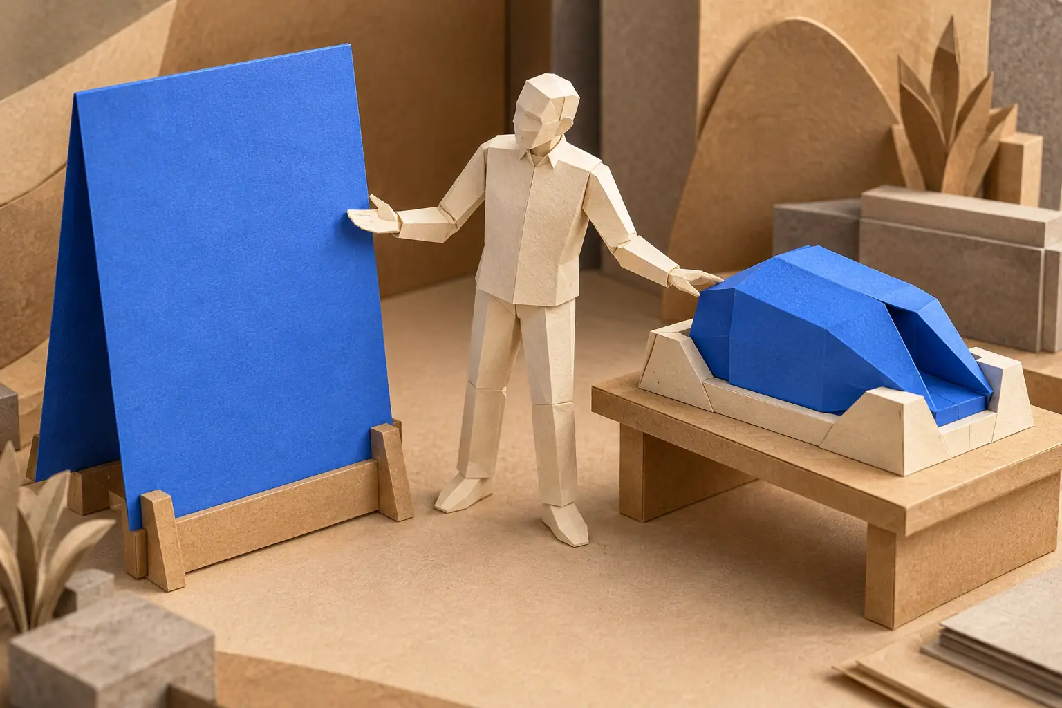 Illustration: a faceless paper figure compares a blank blue card with a blue folded construction on a separate workbench.
